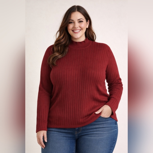 Westbound II Sweaters - Westbound II Red Ribbed 100% Cotton Turtleneck Sweater 2X Long Sleeve Womens Top